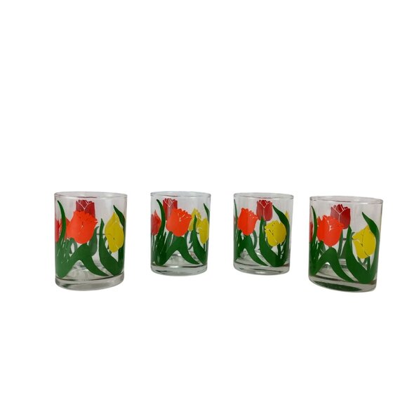 Set Of 4 Vtg Retro Anchor Hocking Lowball Rocks Glasses with Multicolor Tulip - Picture 4 of 7